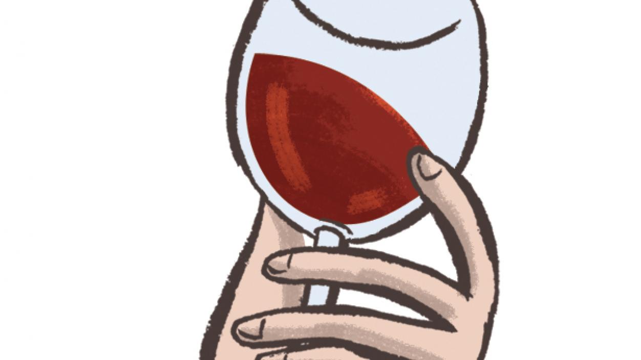 Illustration of a hand holding a wine glass with red wine