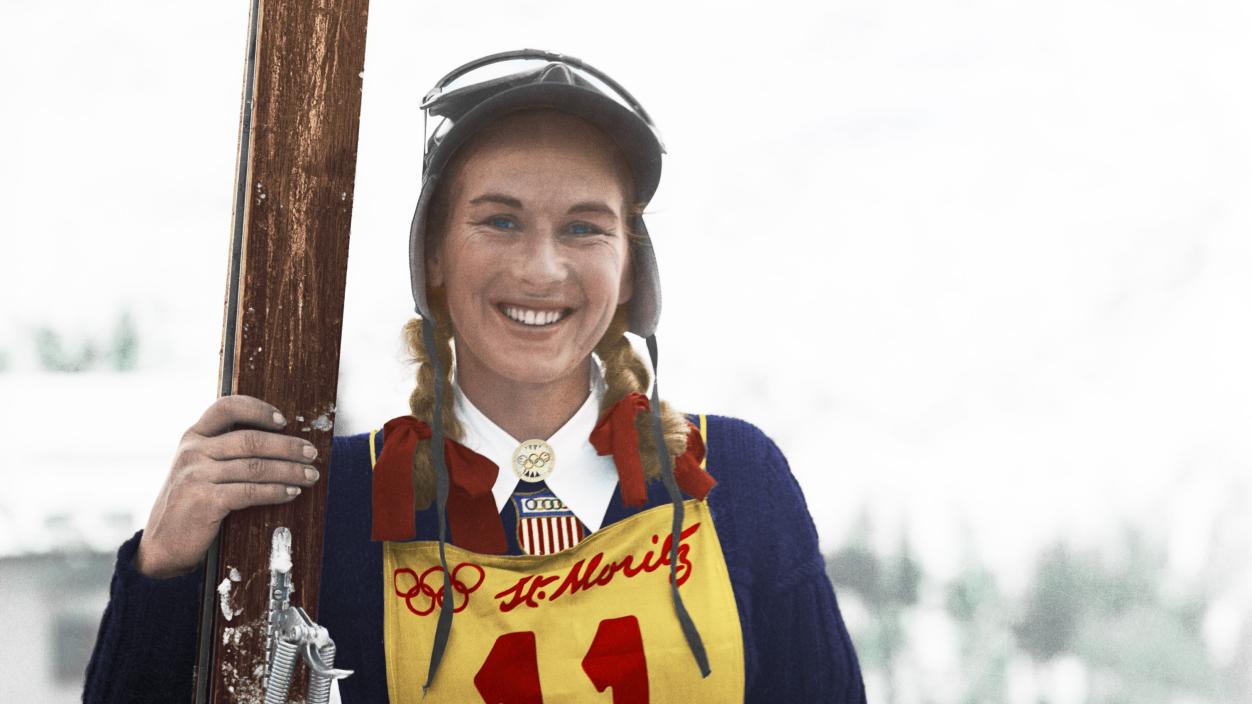 Gretchen Kunigk Fraser ’41 with her skis at St. Moritz.