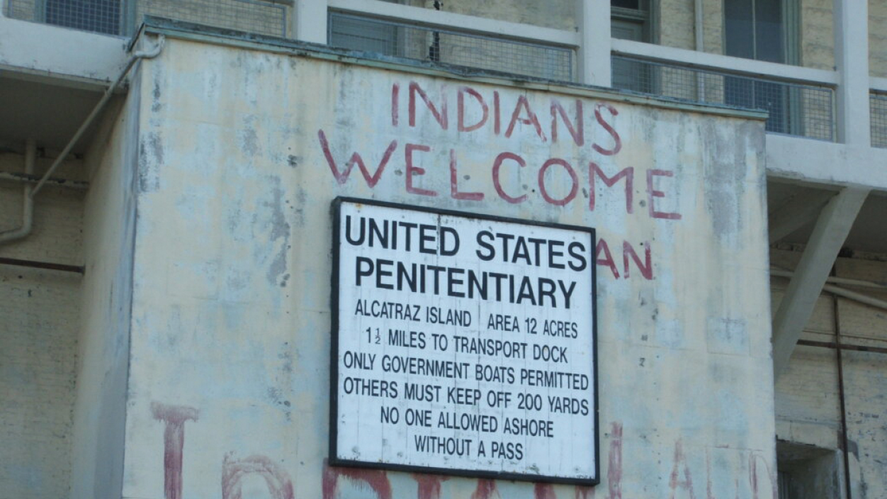 A remnant of the 1969 Native American takeover of Alcatraz Island.