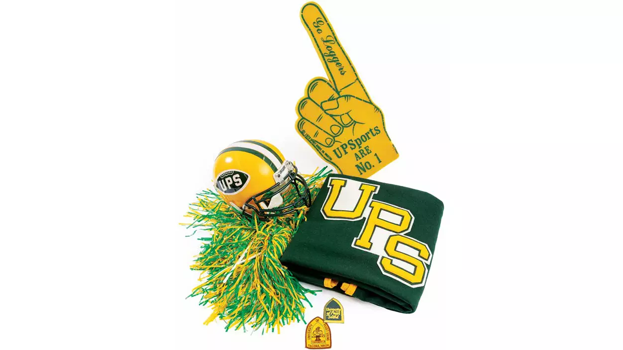 University of Puget Sound's green and gold school color gear in 1968