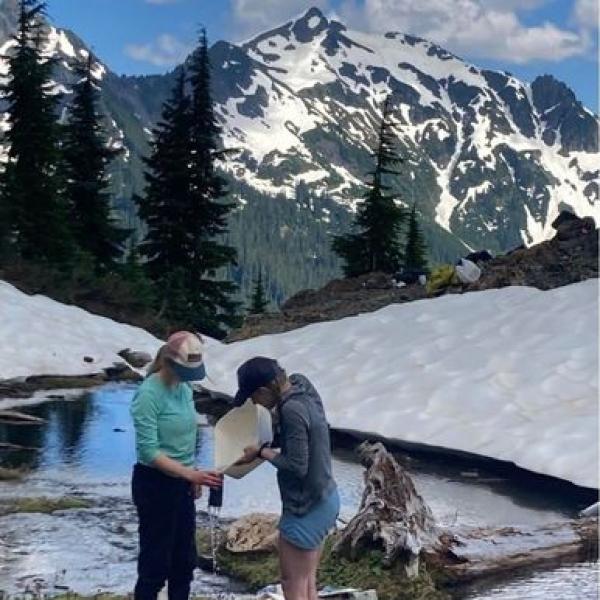 Students conduct research in the field by mountain 