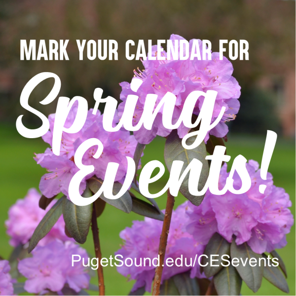 Bright pink rhododendron flowers in the background overlayed with the words "Spring Events!"