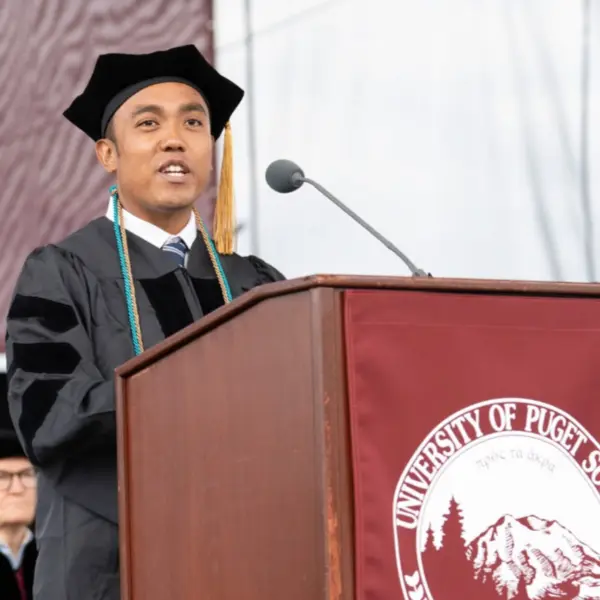 Class Speaker Rovin Ian Medrano Antonio ’23, DPT’26 gives his address at Commencement 2026.