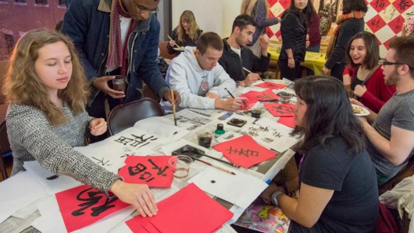 Students participate in a Chinese calligraphy workshop 