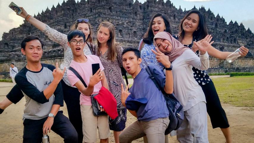 Students at Borobudur, an Indonesian temple