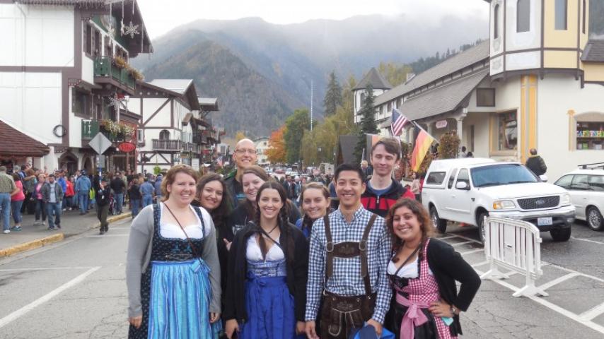 Professor Imbrigotta enjoys Octoberfest in Bavarian-themed Leavenworth, Washington, an example of social and cultural outings that the program offers. (Lederhosen not required.)