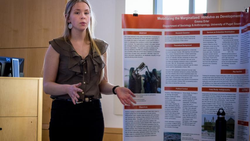 Emma Erler '17 presents her senior thesis, which focused on research data collected during her junior year semester abroad in India, at the SOAN Research Symposium.