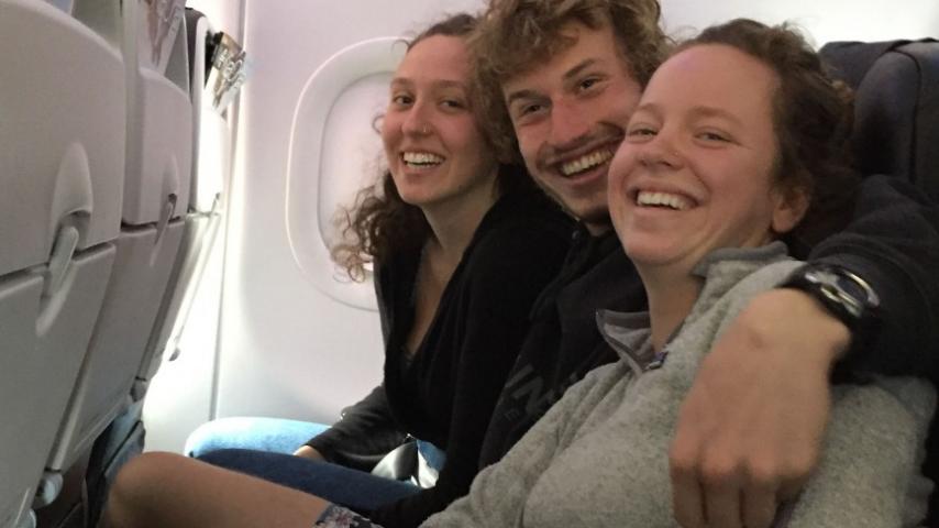 Eden, Tommy, and Hannah flying to the south Island
