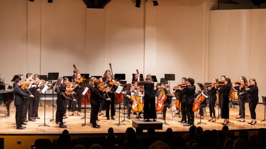 Symphony orchestra members performing