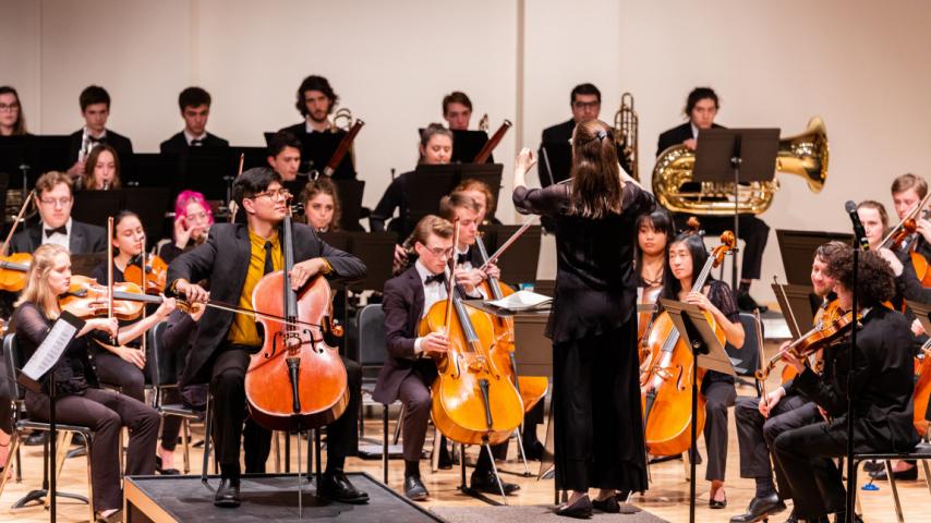 Symphony orchestra members performing on stage