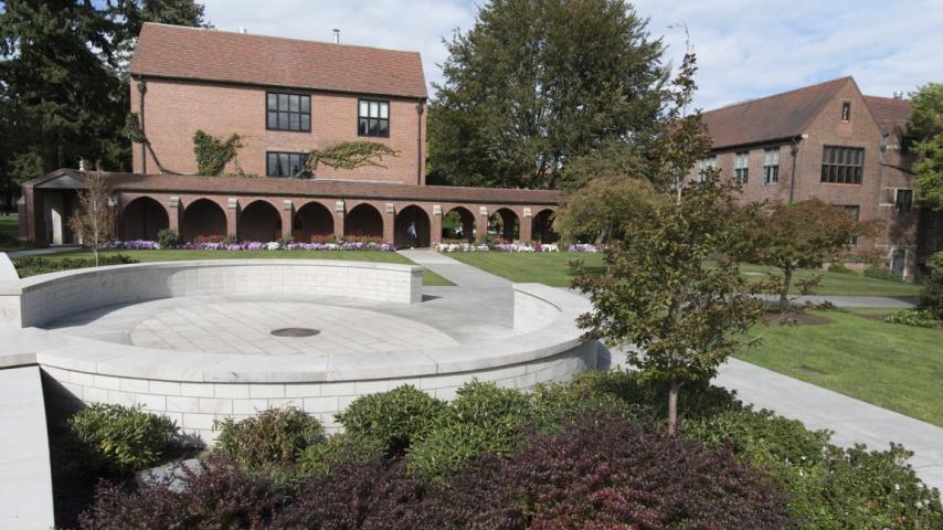 Benefactor Plaza with campus buildings behind