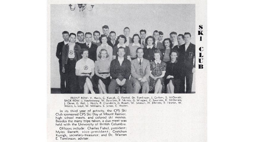 Gretchen Kunigk ’41 (front row, second from left) was secretary treasurer of the College of Puget Sound Ski Club.