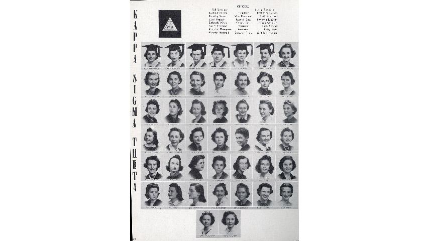 At Puget Sound, Gretchen Kunigk Fraser ’41 was sergeant-at-arms in Kappa Sigma Theta. She’s at far right in the third row.