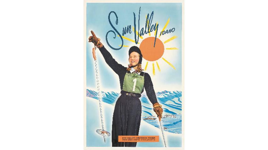 A Sun Valley ski resort tourism poster featuring an illustration of Gretchen Kunigk Fraser ’41.