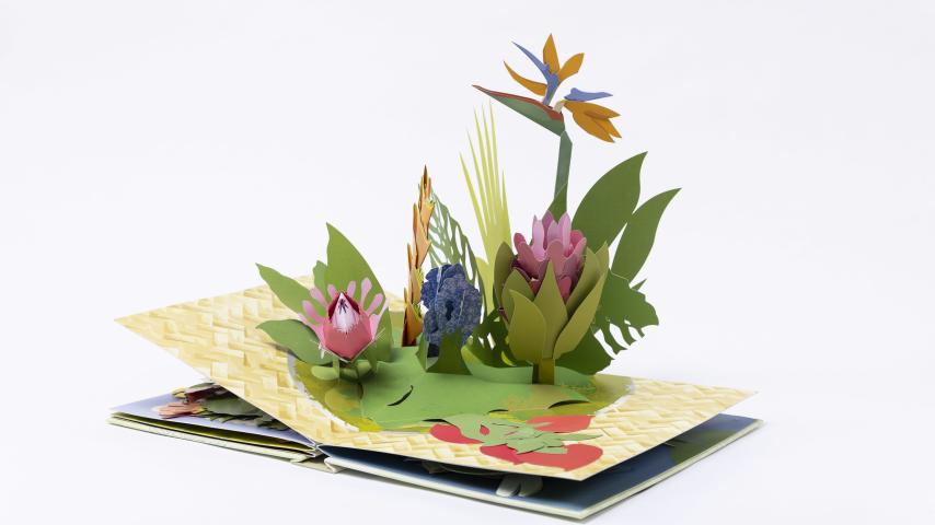 A scene from a pop-up book of intricate flower arrangements.