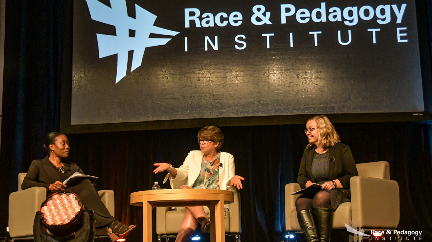 Renee Simms co-moderating a conversational keynote with Valerie B. Jarrett alongside Robin Jacobson, professor of politics and government at the 2018 RPNC.