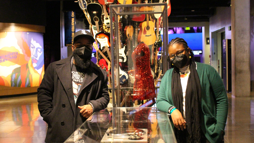 LaToya Brackett with RPI guest A.D. Carson checking out the exhibit Contact High: A Visual History of Hip-Hop at the Museum of Pop Culture in Seattle in October 2022