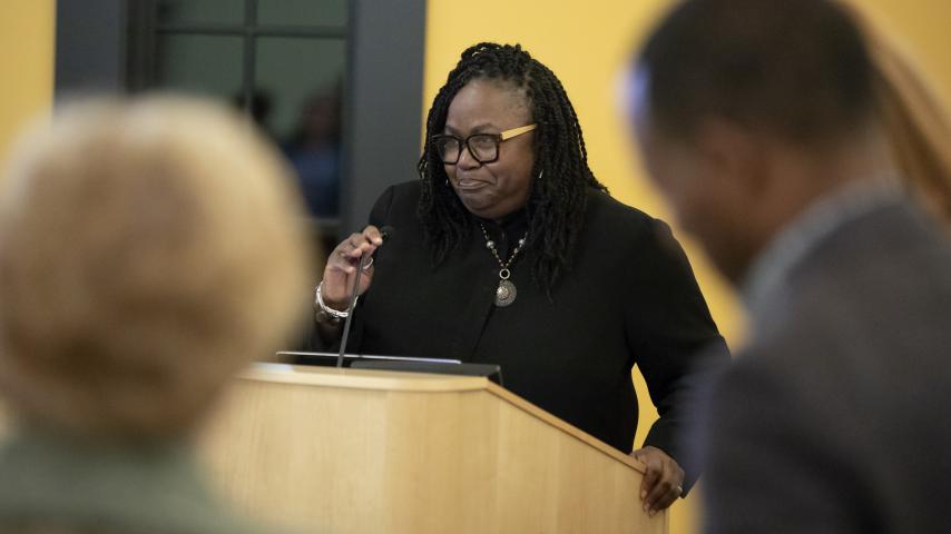 African American Studies professor Grace Livingston addresses the audience during the 2018 Race and Pedagogy National Conference Thank You Reception, Friday, Nov. 30, 2018, in Upper Marshall Hall.