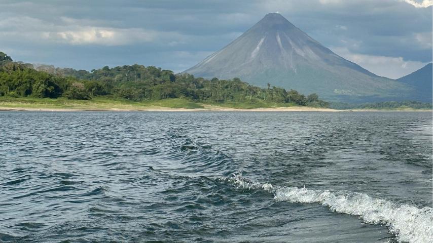 Arenal seen from the water. Costa Rica Georneys trip, 2023.