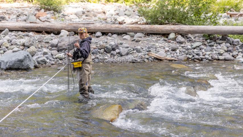 Paige Shinall ’25 measures stream flow in Mount Rainier National Park.