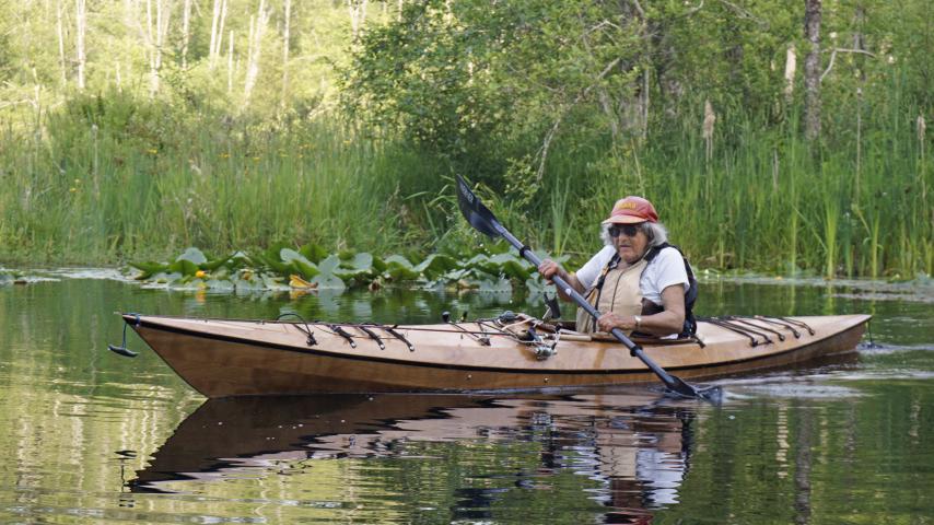 Carol Petrich Kalapus ’51 on her kayak. She once kayaked all around the Puget Sound, but as she’s gotten older, she’s started sticking to local lakes.