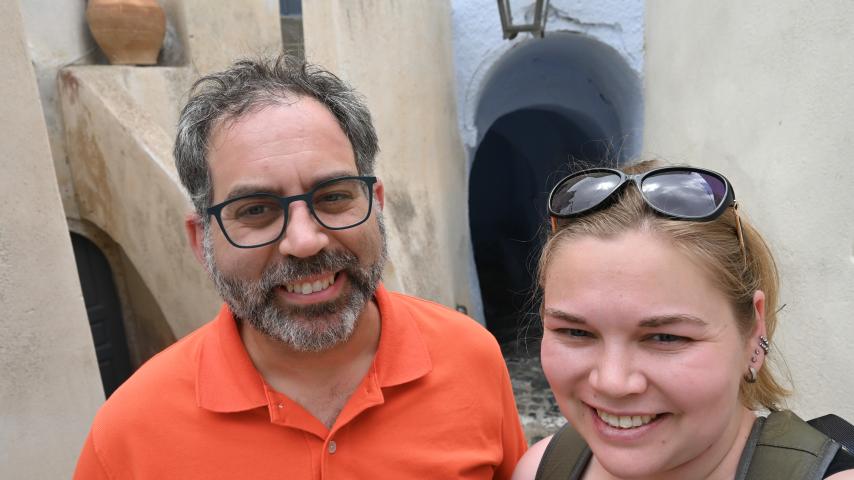 Professor Brett Rogers and Annie Lamar ’19 in Santorini.