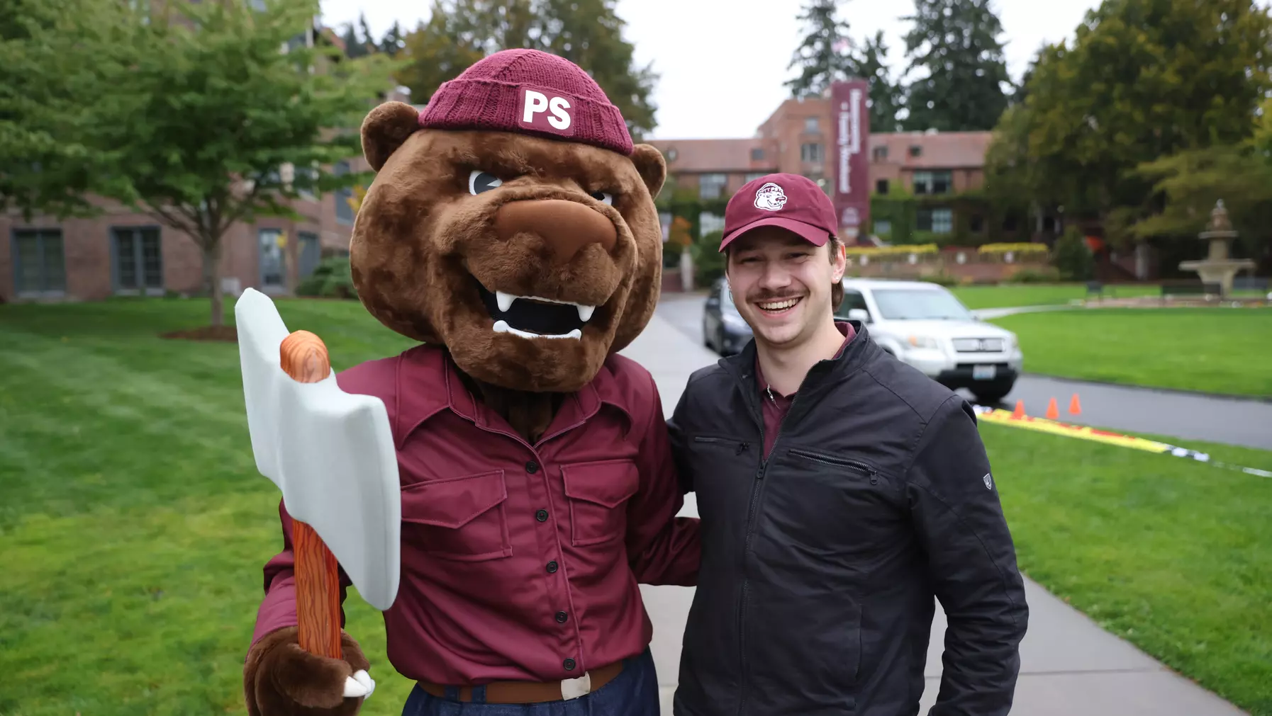 Grizz with Social Media Manager and Designer Calvin Werts ’23.