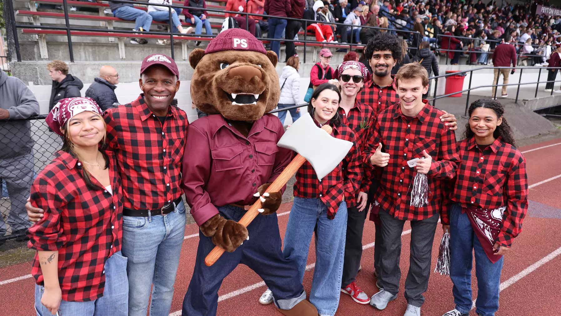Grizz with President Isiaah Crawford and the ASUPS executive team at Homecoming and Family Weekend, Oct. 11, 2025.