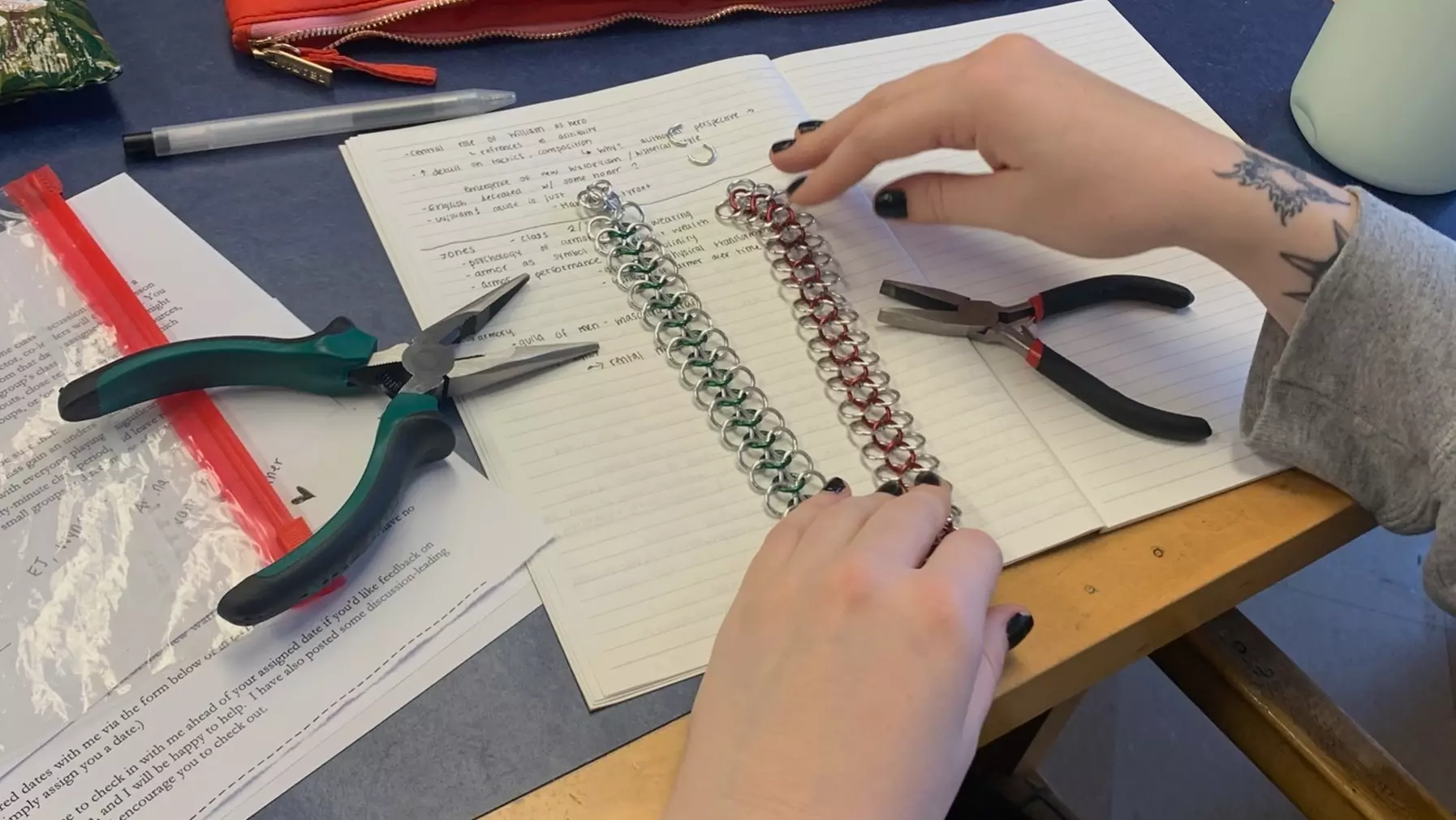 A student making chain mail in one of Professor Katherine Smith’s courses. Photo by Katherine Smith