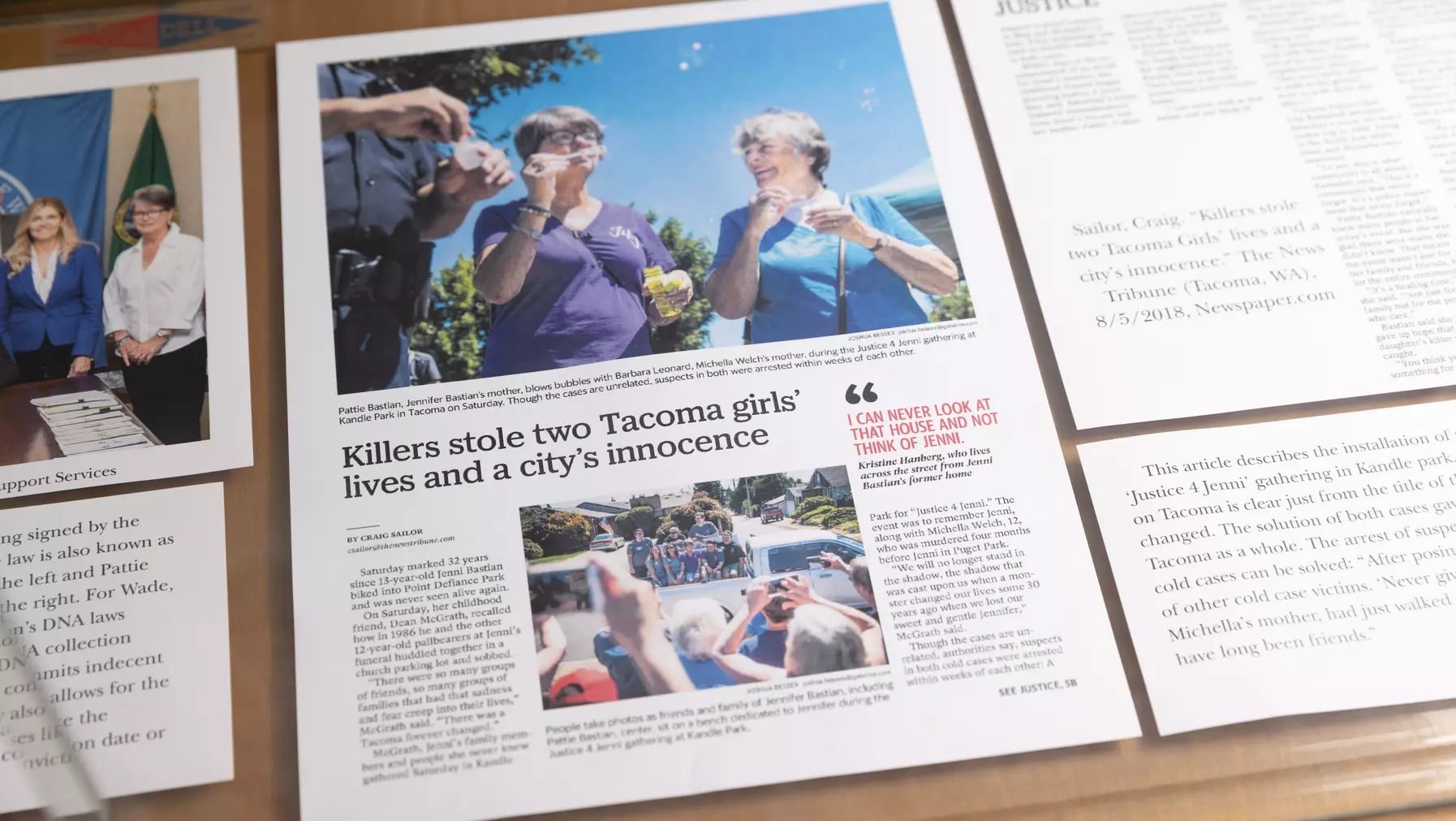 Newspaper article with the headline "Killers stole two Tacoma girls' lives and a city's innocence" from Anna Brown ’26's summer research project.