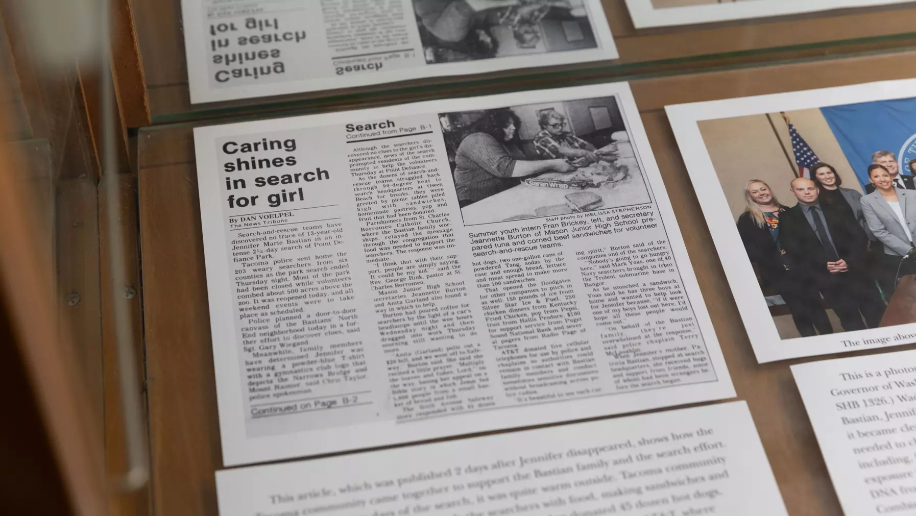An article titled "Caring shines in search for girl" from the Tacoma News Tribune, part of Anna Brown ’26's summer research project.