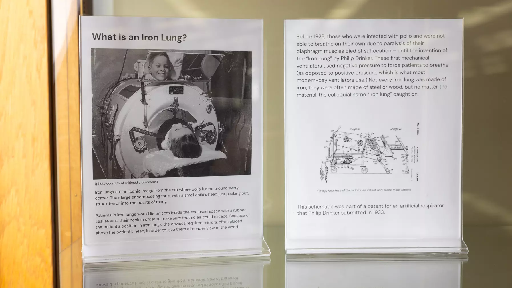 Iron lung research by Eva Langenthal ’26. The exhibit features information about the history of the iron lung and archival photos of iron lung patients, like this young boy smiling in a mirror affixed to the top of his iron lung.