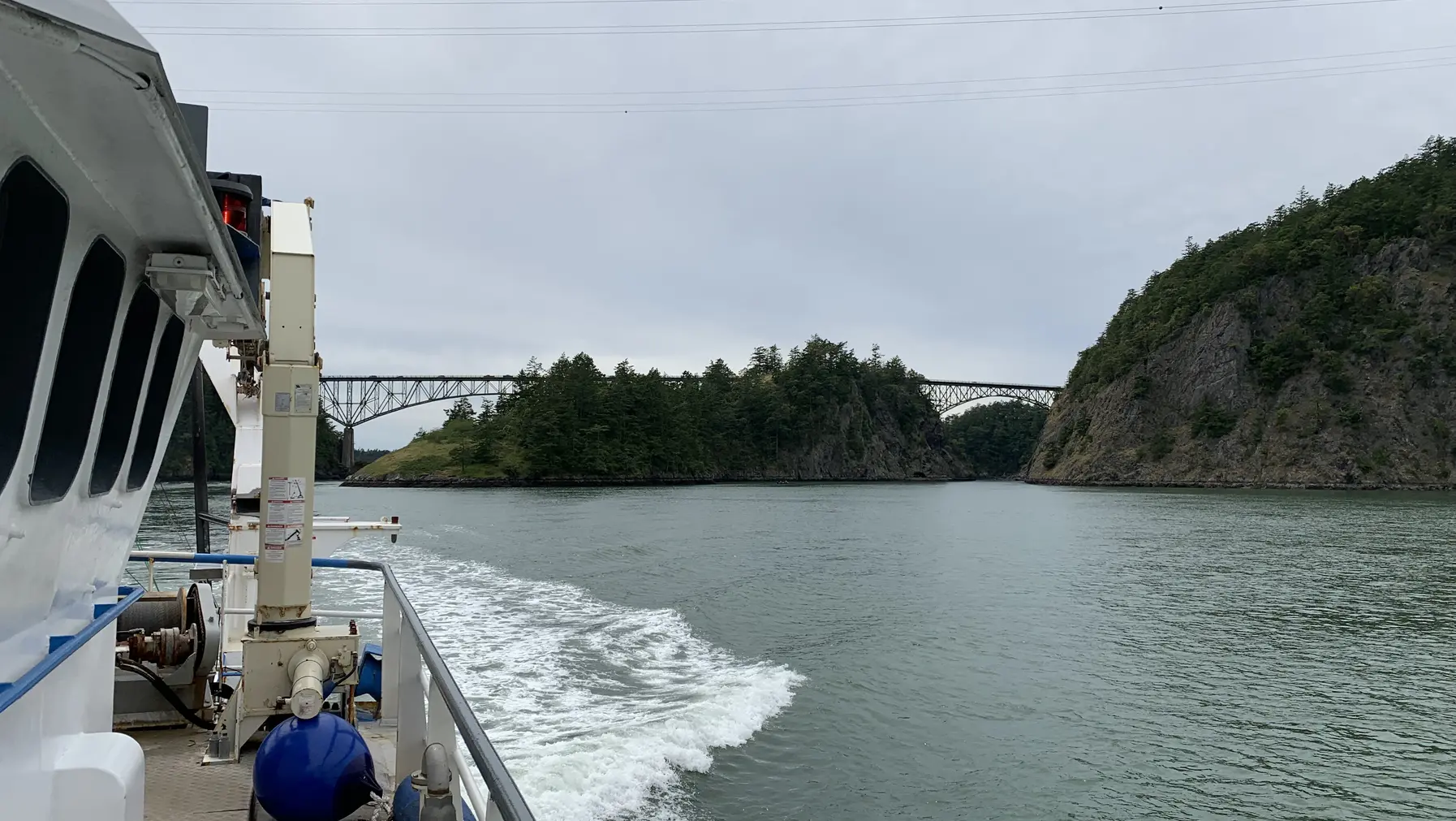 The Rachel Carson approaches the Deception Pass Bridge