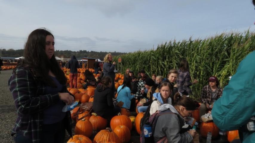 Some people sitting next to some pumpkins.