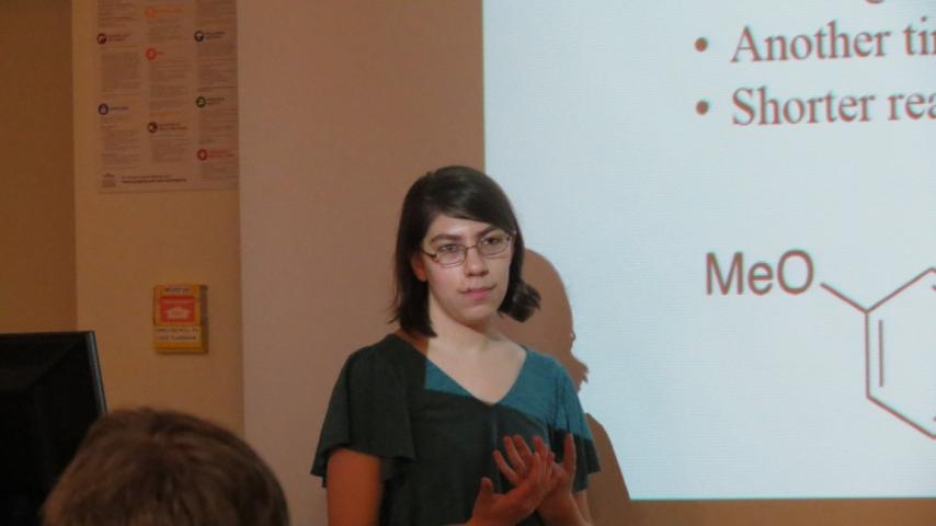 A person speaking in front of a projector screen.