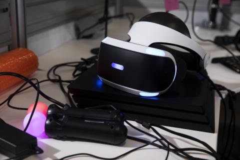 Virtual reality headset and controllers on a desk