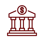 Maroon outline icon of a bank with a dollar sign above it.