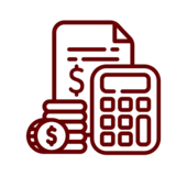 Maroon outline icon of a paper, coin, and a calculator.