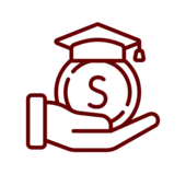 Maroon outline icon of a hand holding a coin with a grad cap on it.