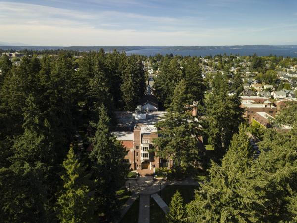 Aerial of campus as seen by drone.