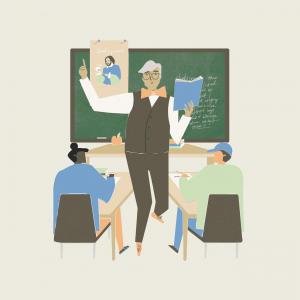 Illustration of a male teacher in front of a chalkboard