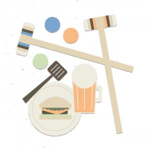 Illustration of extracurricular activities equipment, such as croquet bats and balls, a burger, and a beer