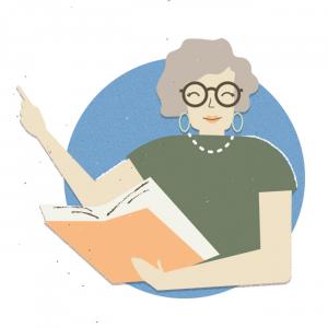 Illustration of a gray-haired teacher with glasses holding a book