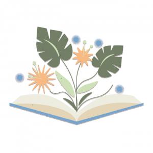 Illustration of an open book with flowers emerging from the pages