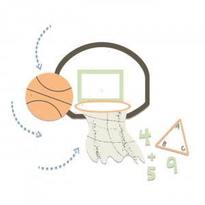 Illustration of a basketball hoop and ball next to numbers and calculations