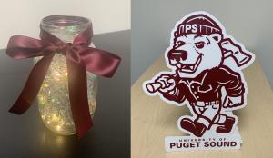 Table centerpiece (clear mason jar filled with crinkle paper and string lights and tied with a maroon bow) and a table top Grizz cutout