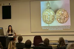 Mary Thompson presenting her research for her M.A. thesis at Hunter College, 2025