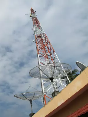 Pacific TV's broadcast tower and satellite dishes