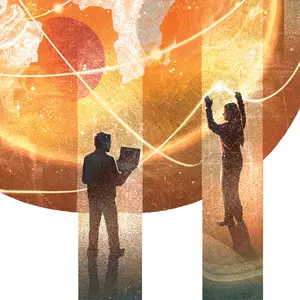 Illustration of glowing globe with two figured silhouetted near it, one with a computer and one with hands upraised.