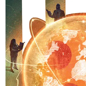 Illustration of a glowing globe with two silhouetted figured with books next to it.